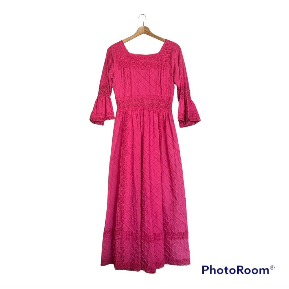 70’s True Vintage Hot Pink Lace Angel Wing Maxi Dress Diamond Pattern